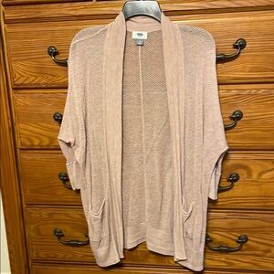 Tan open front cardigan with short sleeves and shawl collar